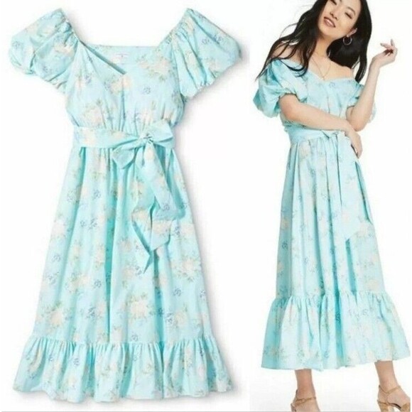 LoveShackFancy Target Estelle Dress in Blue Floral Print Size 14 MISSING BELT - Picture 3 of 6